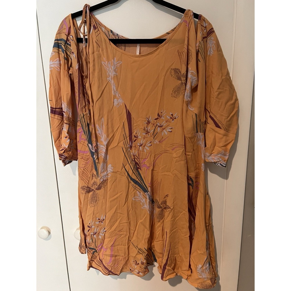 Free People Clear Skies Printed Tunic Mustard Yellow Orange Size Small Arm Slits